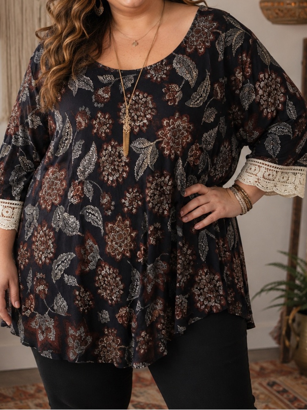 Woman Within 5X 38/40 Floral Boho Lace Trim Tunic Top Plus Size